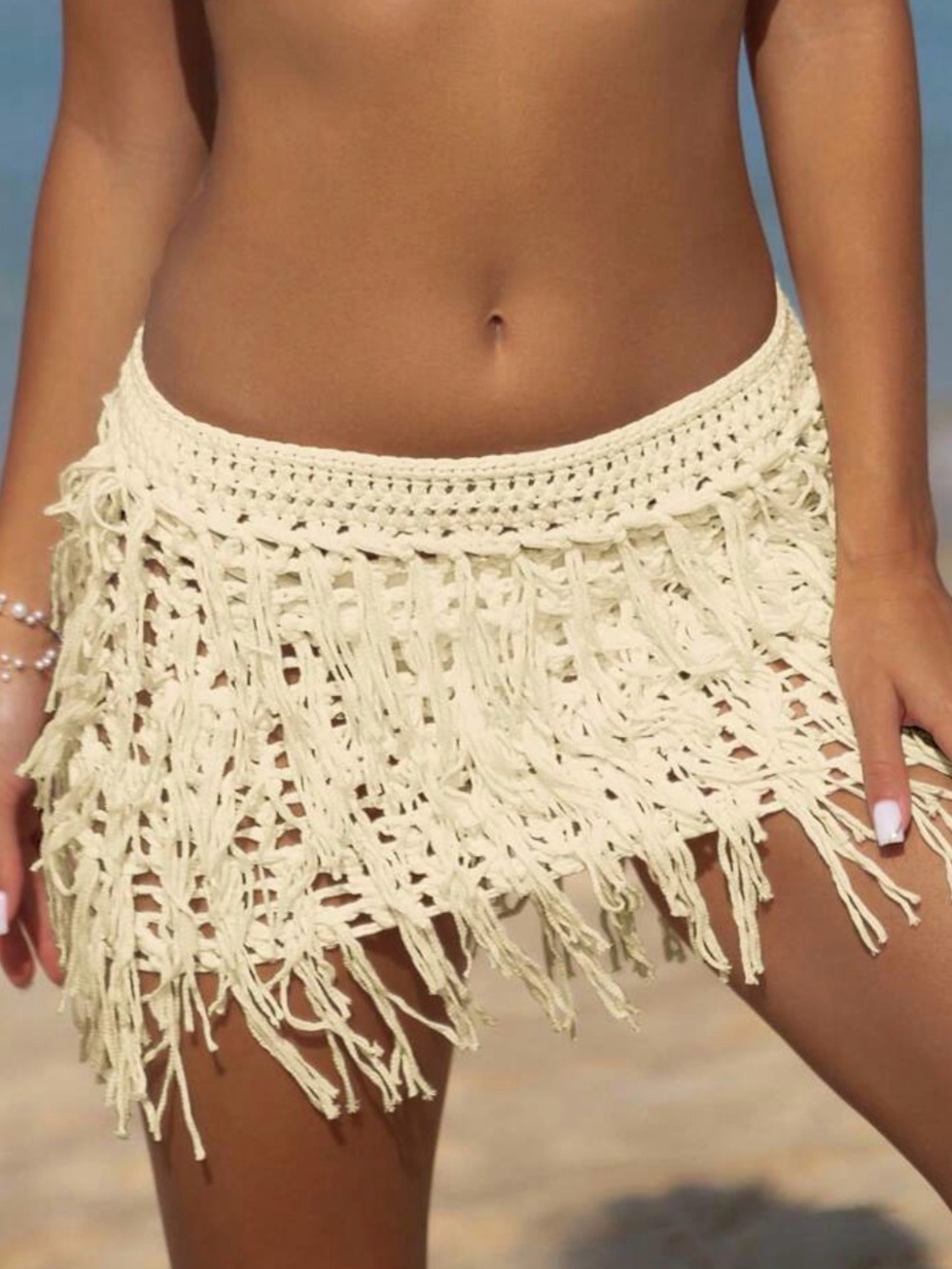 Crochet Fringe Beach Mini Skirt Cover-Up in Cream